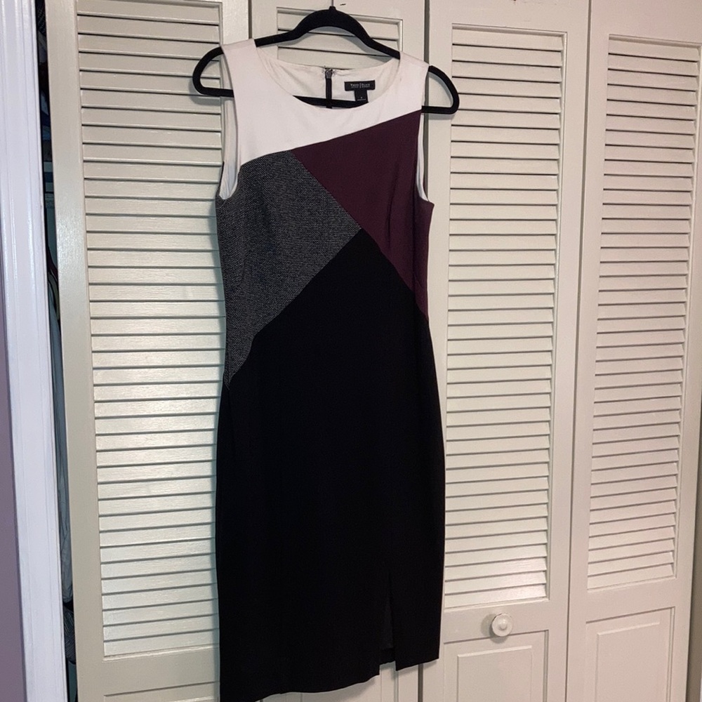 White House Black Market dress in black, tweed, burgundy, off white. Size 8.
